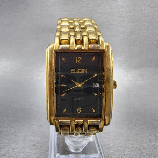 Elgin Tank Watch Men 26mm Black Dial Gold Tone 1L12 Date FMA 36 New Battery0