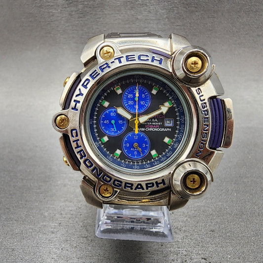 Seiko ALBA Hypertech Chronograph Watch Men 54mm Black Dial Steel Date New Batt