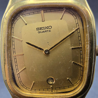 Seiko Tank Watch Men 30mm Gold Dial Gold Tone Rectangle 5y39-5089 PARTS JP2