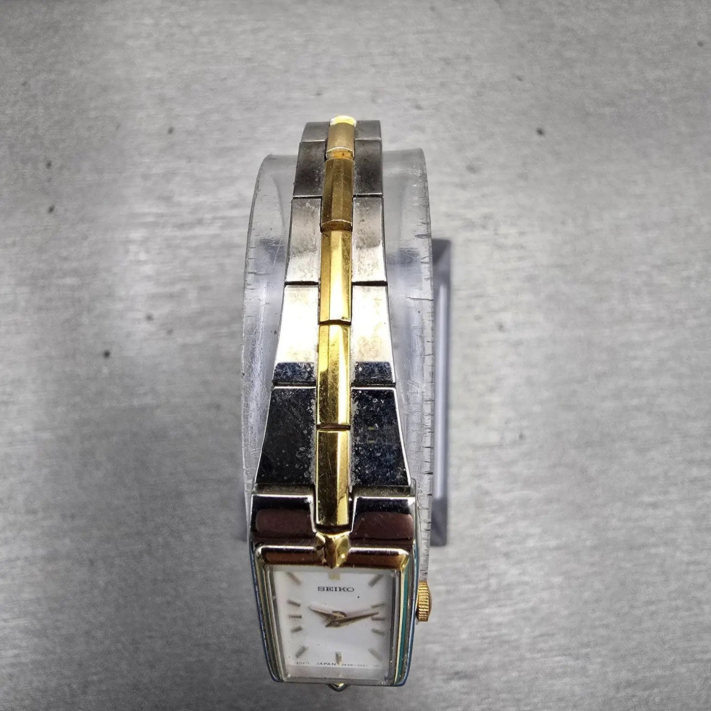 Seiko Watch Women 13mm White Dial Two Tone Rectangle 2E20-7479 New Battery VTG4