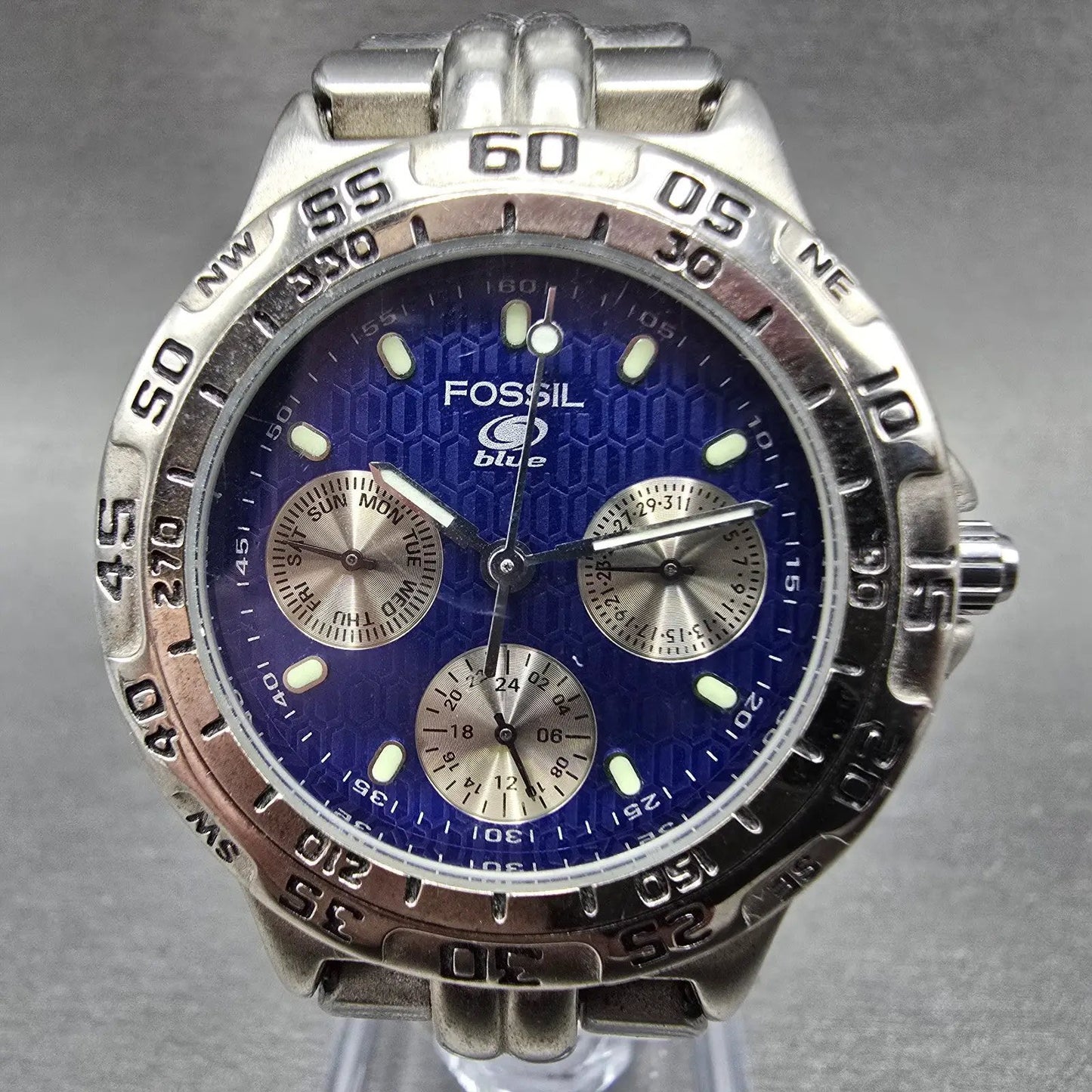 Fossil Blue Watch Women 36mm Blue Dial Silver Tone Daydate BQ-8793 New Battery A0