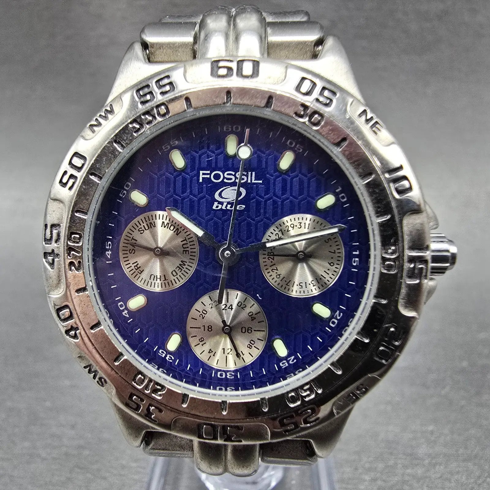 Fossil Blue Watch Women 36mm Blue Dial Silver Tone Daydate BQ-8793 New Battery A0