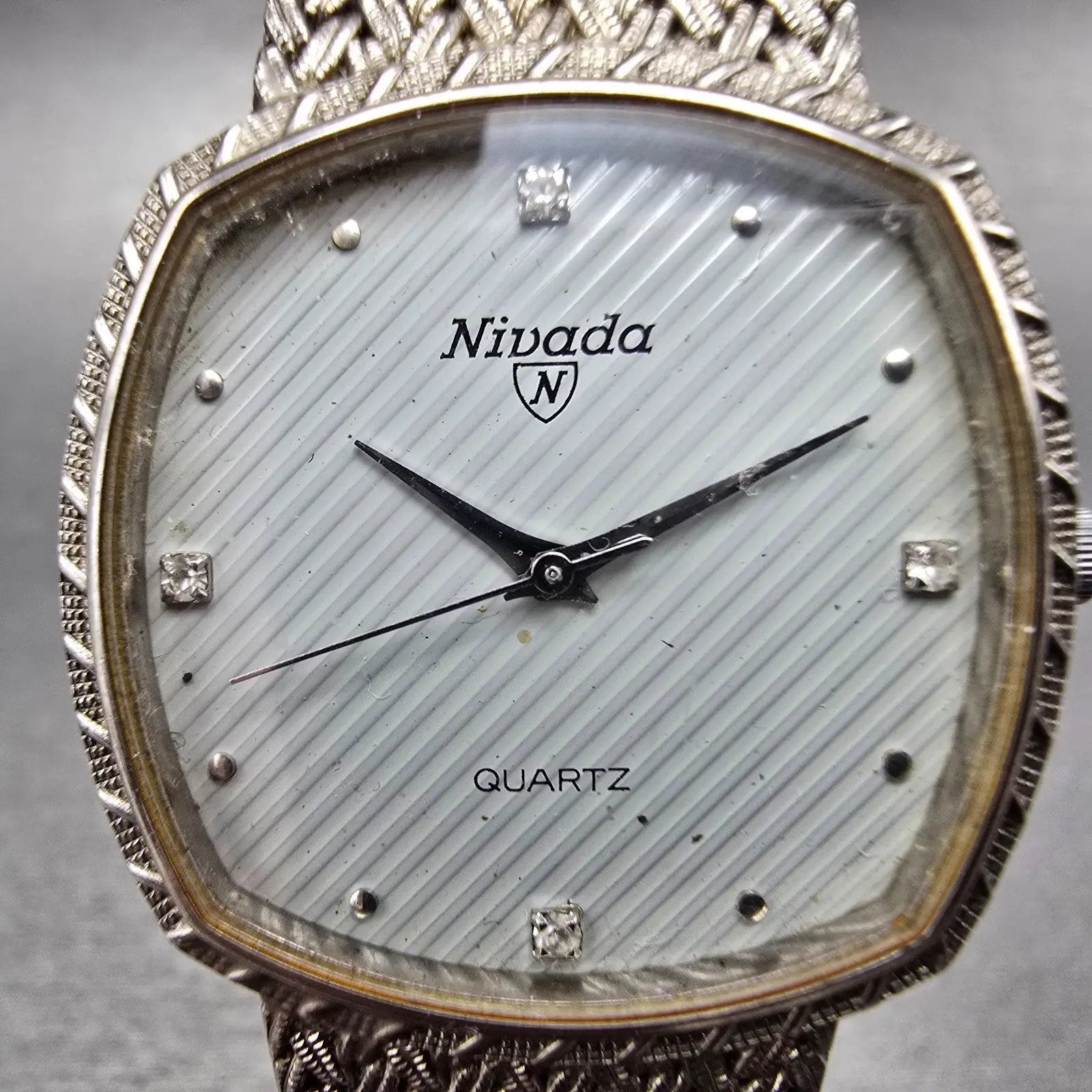 Nivada Watch Men 30mm Gray Dial Silver Tone Rectangle Mesh Band New Battery1