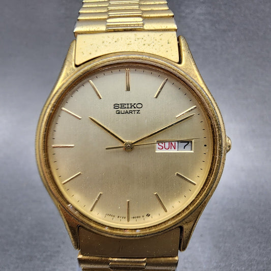 Seiko Watch Men 38mm Champagne Dial Gold Tone Round Daydate 5y23-8039 NewBattery