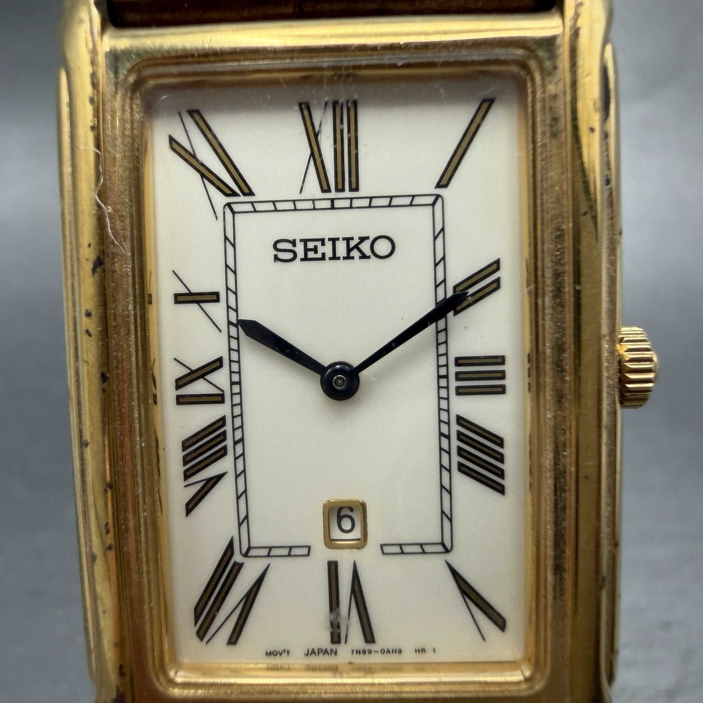 Seiko Tank Watch Men 26mm White Dial Gold Tone Date 7N89-0AD0 New Battery VTG1