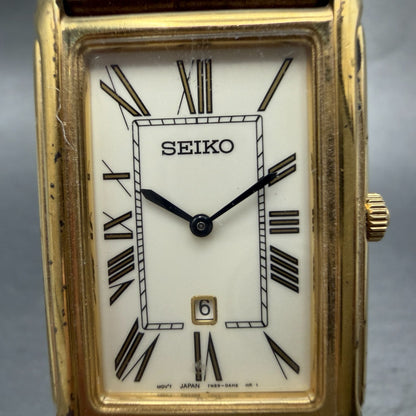 Seiko Tank Watch Men 26mm White Dial Gold Tone Date 7N89-0AD0 New Battery VTG1