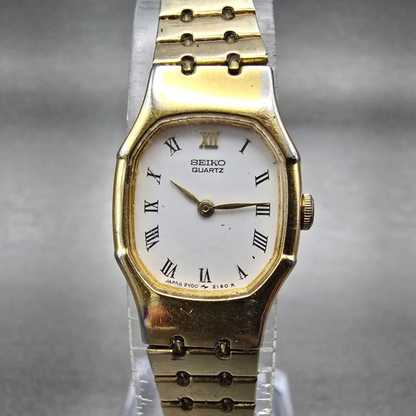 Seiko Tank Watch Women 17mm White Dial Gold Tone Oval 2Y00-5509 New Battery VTG0