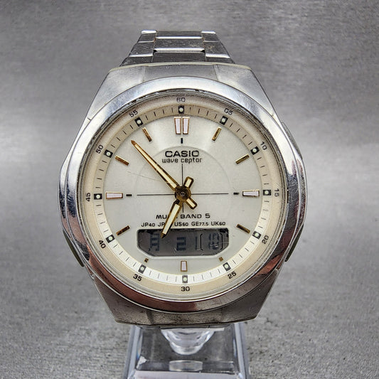 Casio Wave Ceptor Solar Watch Men 41mm White Dial Analog Digital Steel Runs0
