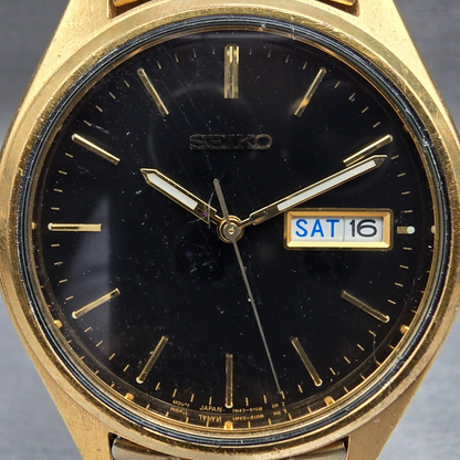 Seiko Watch Men 37mm Black Dial Gold Daydate Round 7N43-9048 New Battery JP VTG1