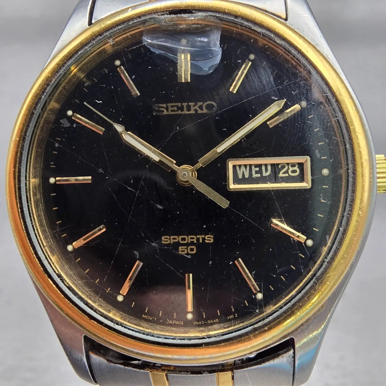 Seiko Sports 50 Watch Men 36mm Black Dial Two Tone Daydate 7N43-9A00 New Battery1