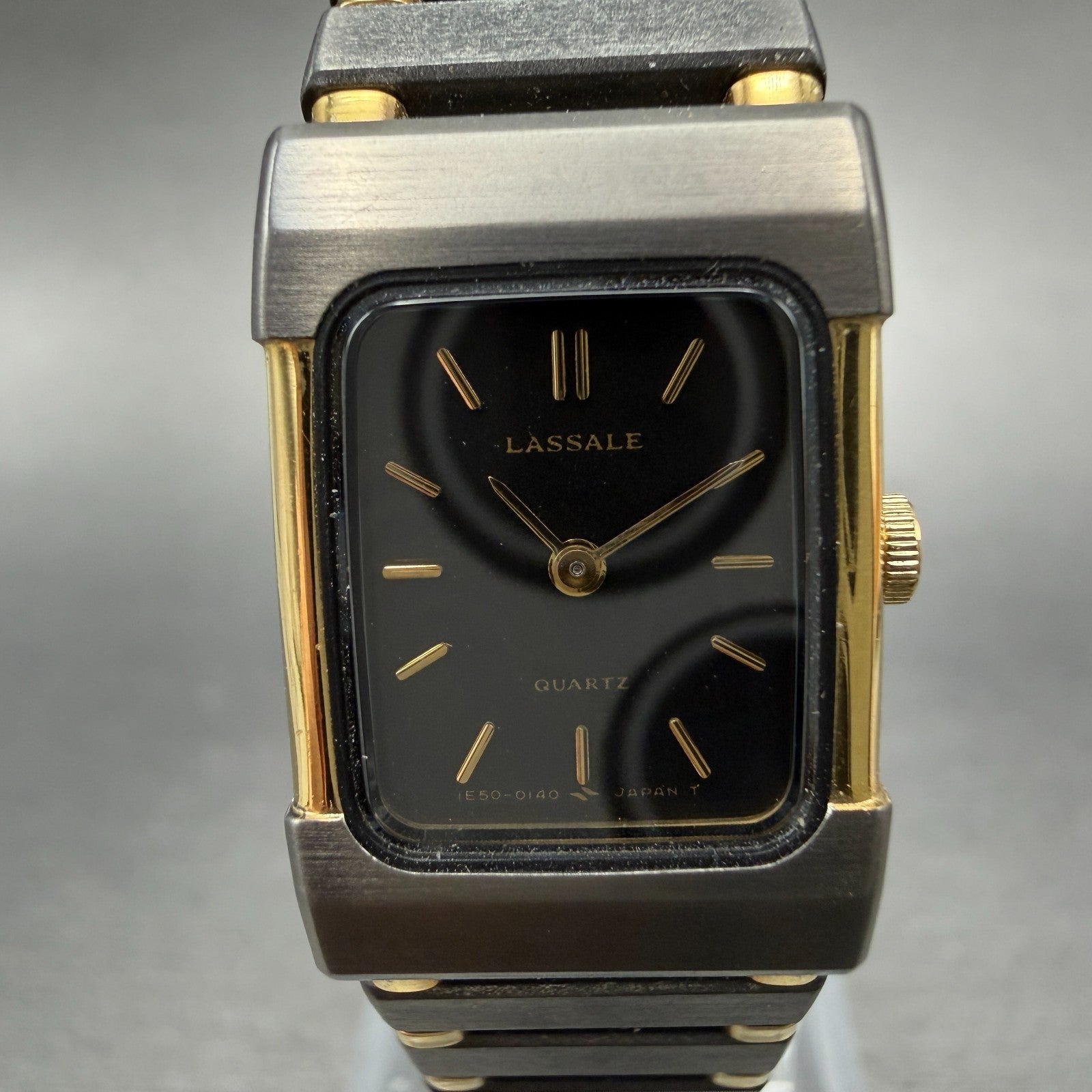 Seiko Lassale Tank Watch Women 16mm Black Dial Gray & Gold Rectangle 1E50 NOS1