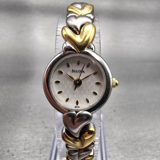 Bulova Watch Women 19mm White Dial Two Tone Round Hearts 96T42 New Battery0