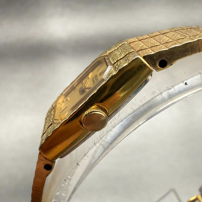Seiko Watch Women 12mm Gold Dial Gold Tone Rectangle 2E20-5129 New Battery VTG2