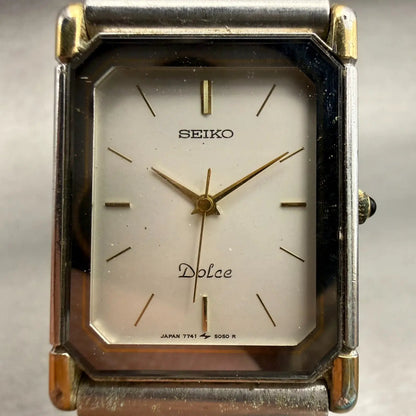 Seiko Dolce Watch Men 25mm Silver Dial Two Tone Rectangle 7741-5050 New Battery1