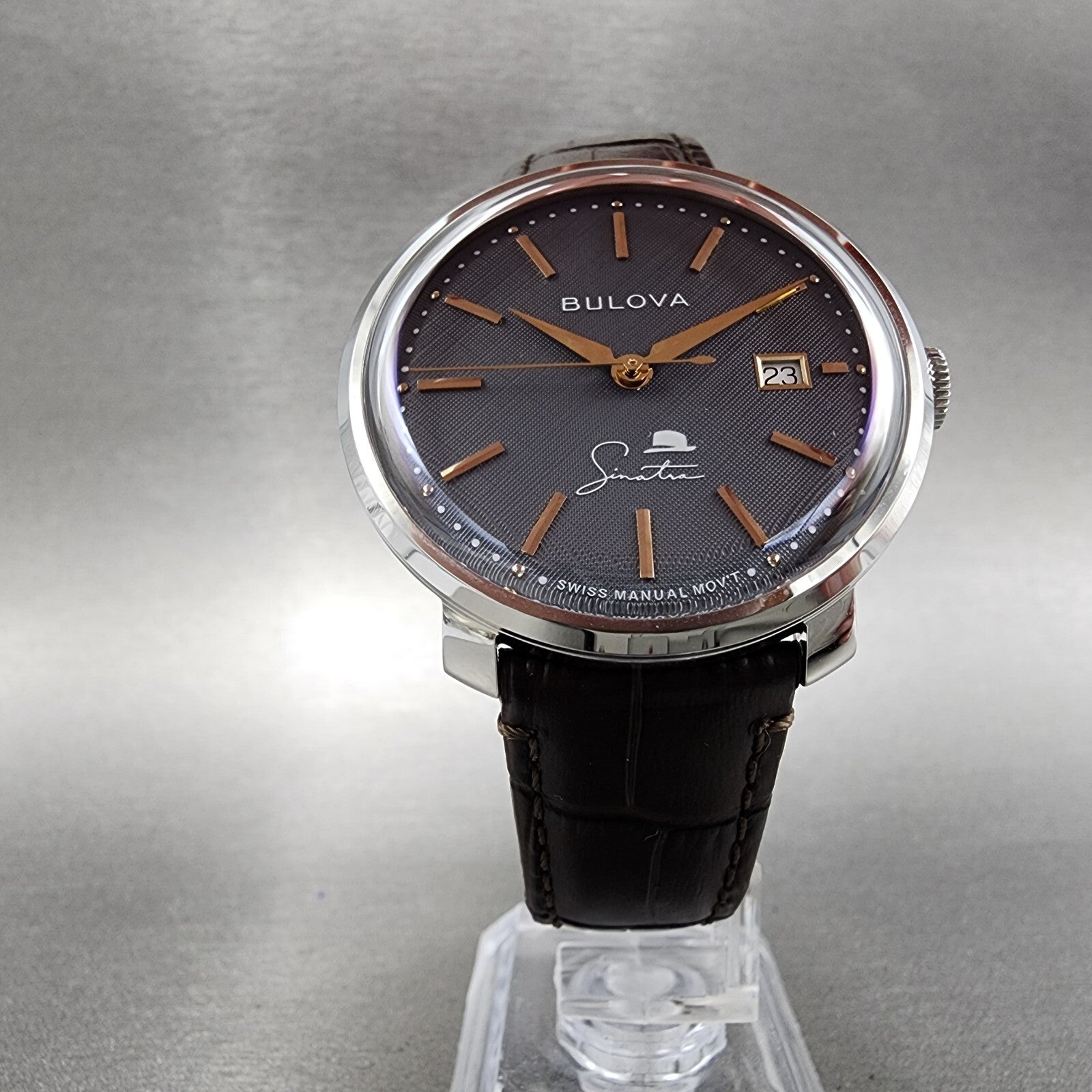 Bulova Frank Sinatra Watch Men 40mm Gray Dial Silver Tone Date Manual Wind5