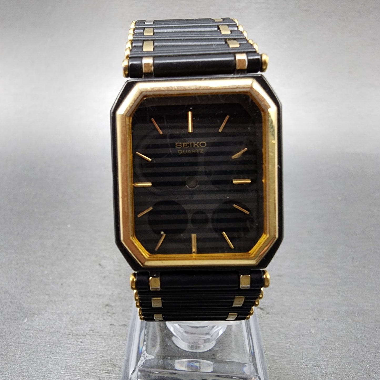 Seiko Tank Watch Men 24mm Black DIal Black & Gold Tone Octagon 7430-5810 PARTS