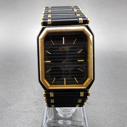 Seiko Tank Watch Men 24mm Black DIal Black & Gold Tone Octagon 7430-5810 PARTS