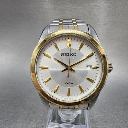 Seiko 100m Watch Men 39mm Silver Dial Two Tone Date Round 7n420fl0 PARTS0