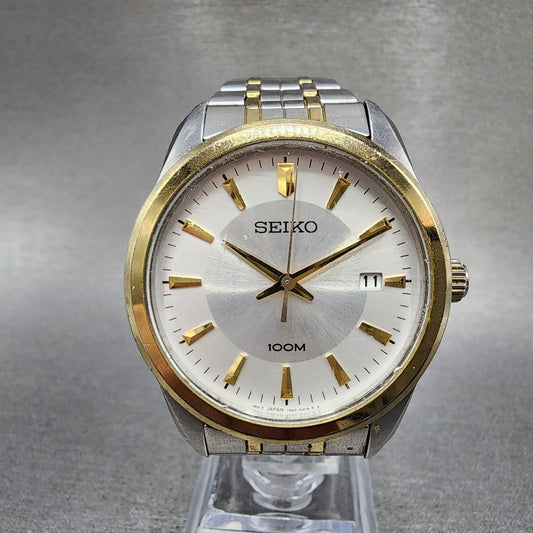Seiko 100m Watch Men 39mm Silver Dial Two Tone Date Round 7n420fl0 PARTS0