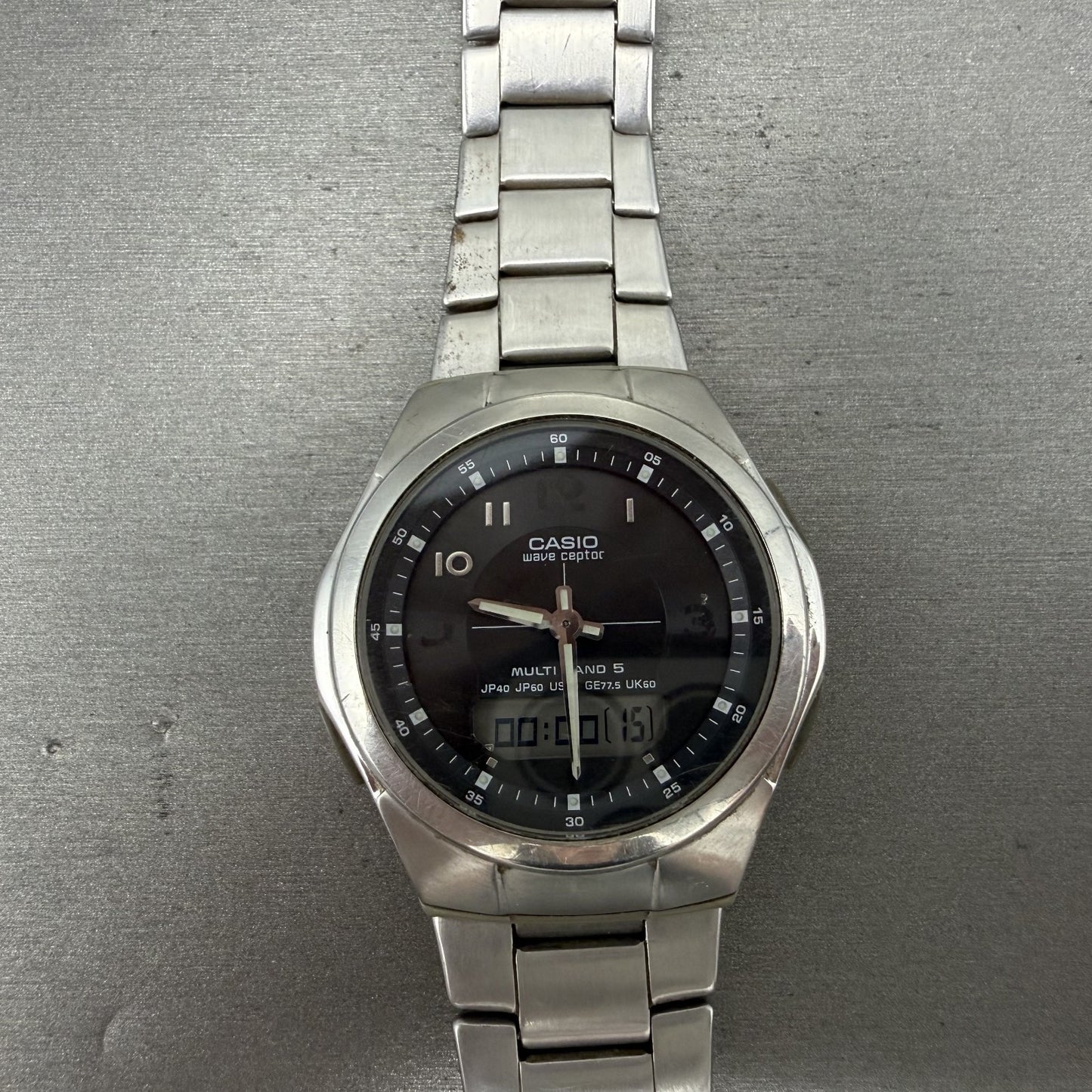 Casio Wave Ceptor Watch Men 41mm Black Dial Steel Analog Digital Solar READ!!!!!0