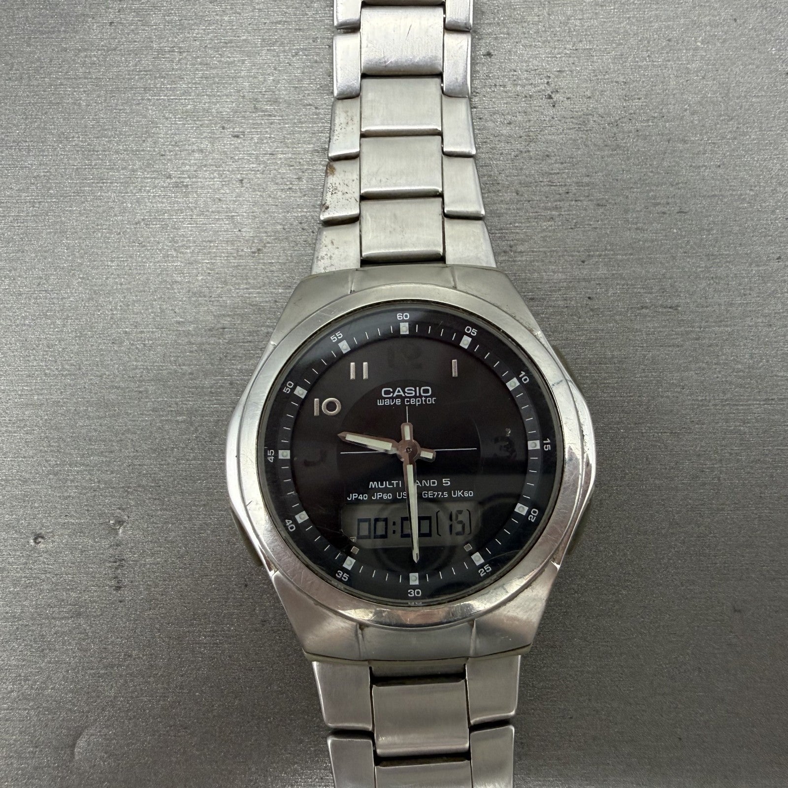 Casio Wave Ceptor Watch Men 41mm Black Dial Steel Analog Digital Solar READ!!!!!0