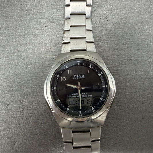 Casio Wave Ceptor Watch Men 41mm Black Dial Steel Analog Digital Solar READ!!!!!0