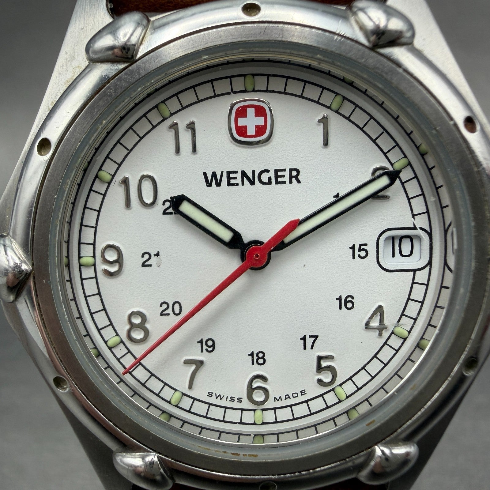 Wenger Watch Men 35mm White Dial Steel Date Round Leather Band 7010X New Battery1