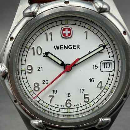 Wenger Watch Men 35mm White Dial Steel Date Round Leather Band 7010X New Battery1