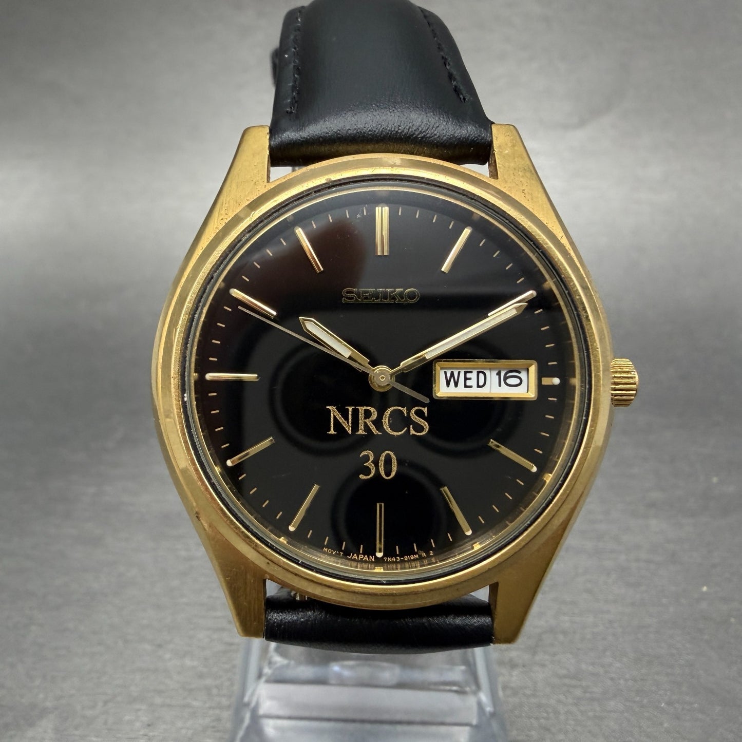 Seiko Watch Men 37mm Black Dial Gold Tone Daydate Round 7N43-9048 New Battery 7H0