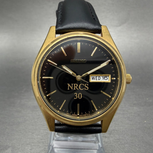Seiko Watch Men 37mm Black Dial Gold Tone Daydate Round 7N43-9048 New Battery 7H0