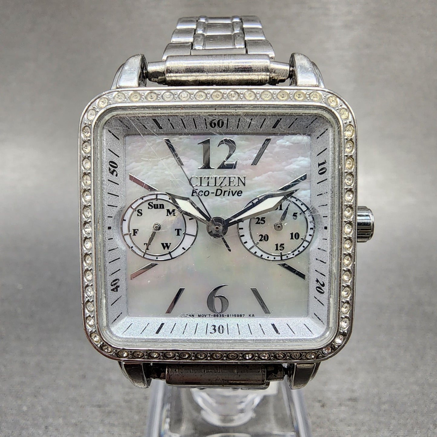 Citizen EcoDrive Tank Watch Women 32mm MOP Dial Silver Tone Daydate Runs0
