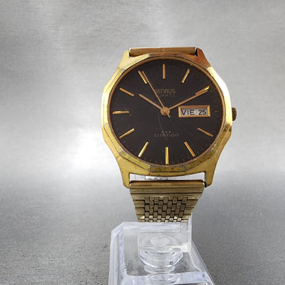 Benrus Watch Men 32mm Black Dial Gold Tone Daydate Round New Battery Vintage5