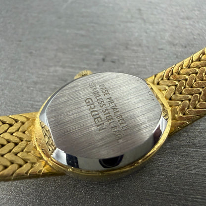 Gruen Watch Women 16mm Gold Dial Gold Tone Oval Mesh band New Battery VTG9