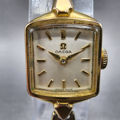 Omega Watch Women 15mm White Dial Gold Plated Rectangle Manual Wind Runs