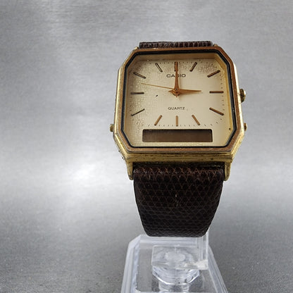 Casio AQ420 Watch Men 30mm Champagne Dial Gold Tone Alarm Chrono Ana Digi PARTS6