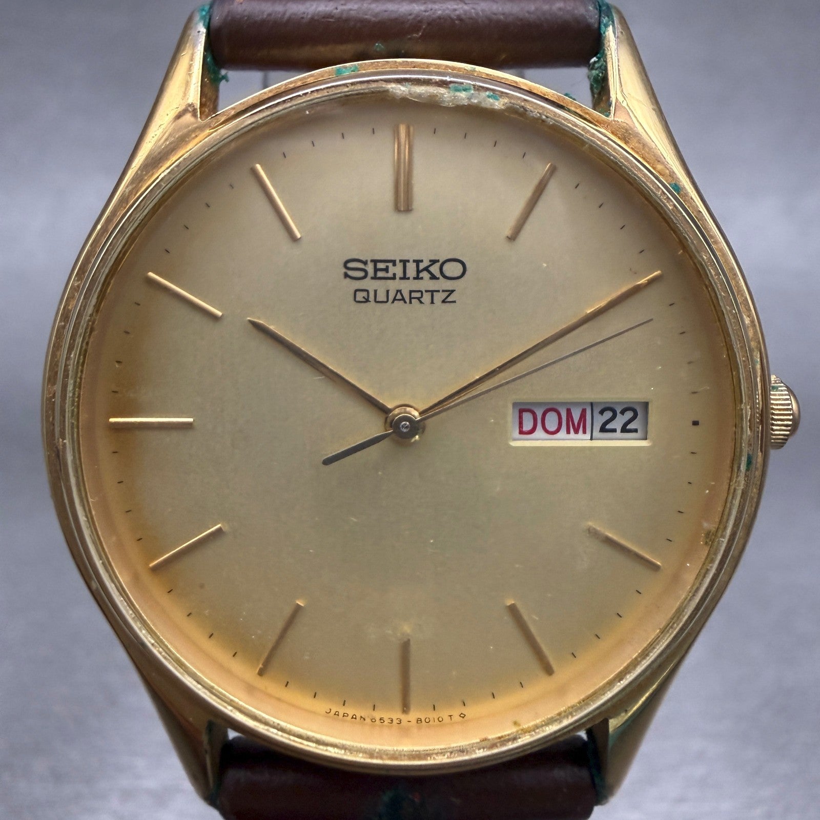 Seiko Watch Men 34mm Gold Dial Gold Tone Daydate Round 6533-8019 New Battery1