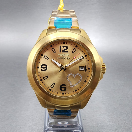 Invicta Angel Watch Women 38mm Gold Dial Gold Tone Date Heart Round New Battery0
