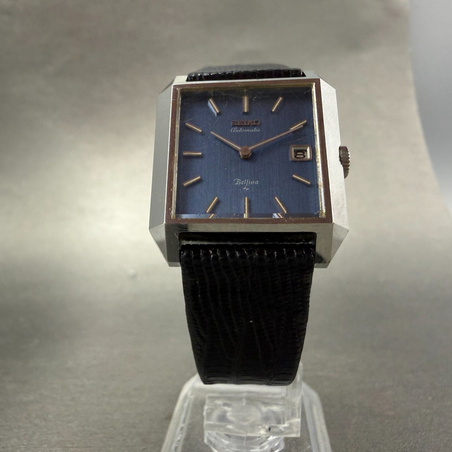 Seiko Automatic Belfina Tank Watch Women 26mm Blue Dial Silver Tone Date Runs5