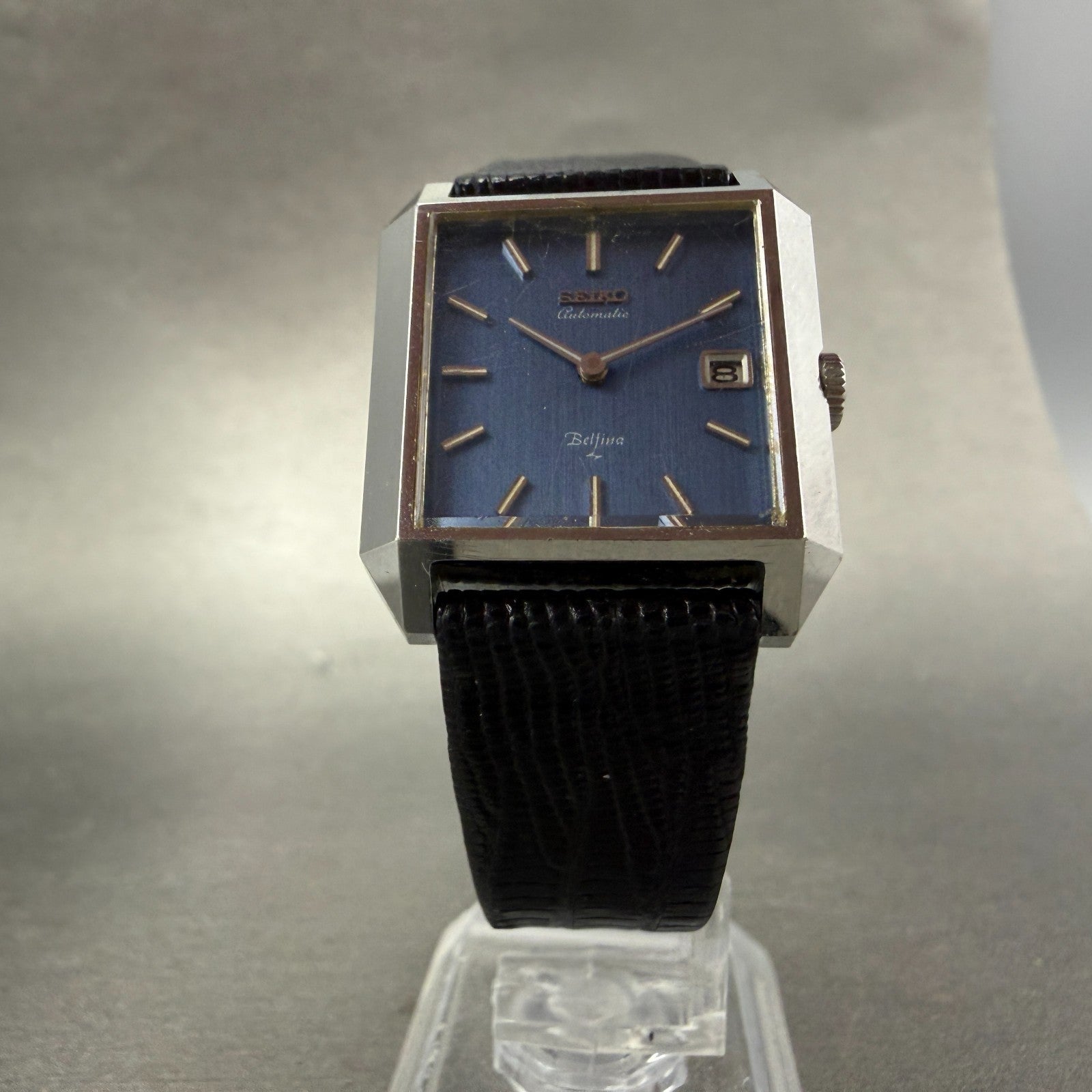 Seiko Automatic Belfina Tank Watch Women 26mm Blue Dial Silver Tone Date Runs5