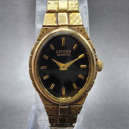VTG Citizen Watch Women 16mm Black Dial Gold Tone Oval 5920-S52446 New Battery