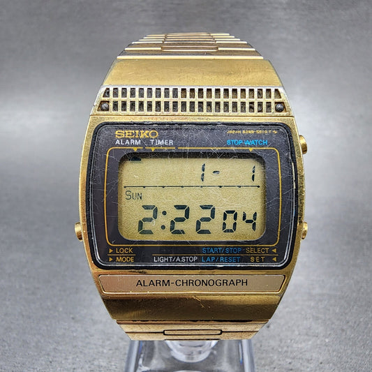 Seiko Digital Watch Men 31mm Digital Gold Tone Rectangle Alarm Chrono New Batt