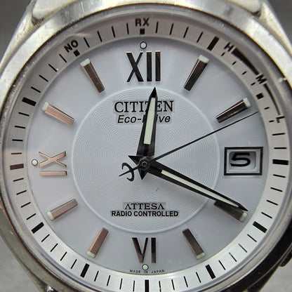 Citizen Eco-Drive Attesa Watch Men 38mm White Dial Titanium Atomic Date PARTS! P2