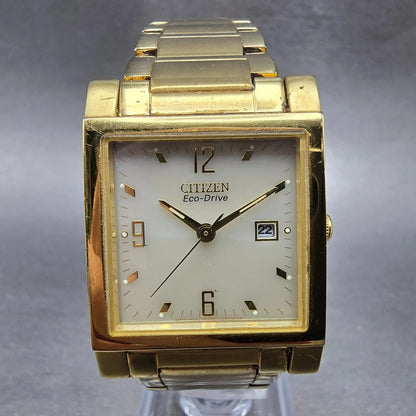 Citizen Eco-Drive Tank Watch Men 27mm White Dial Gold Date E010-S95986 Runs JP0