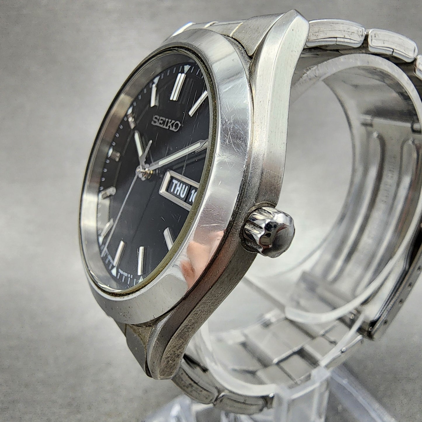 Seiko Watch Men 37mm Black Dial Silver Tone Daydate Round 7N439070 New Battery2