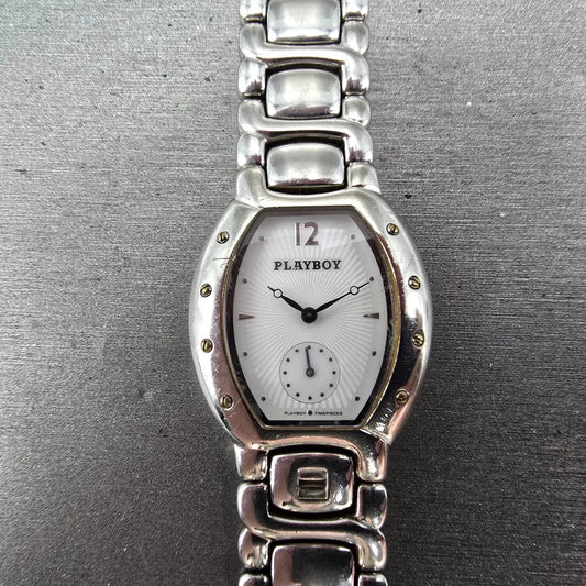 Playboy Watch Men 29mm White Dial Silver Tone Oval New battery MISSING CLASP!!!0