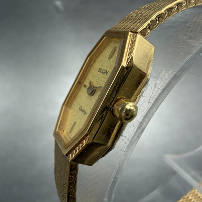 Elgin Watch Women 11mm Gold Dial Gold Tone Octagon New Battery Mesh band NOS2