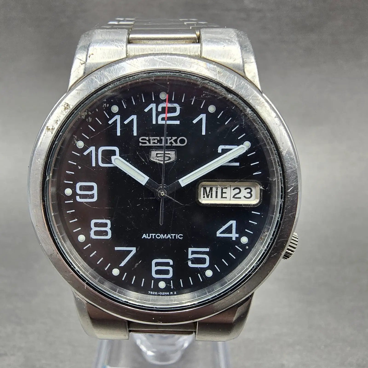 Seiko 5 Automatic Watch Men 36mm Black Dial Silver Daydate 7S26-01F0 Runs0