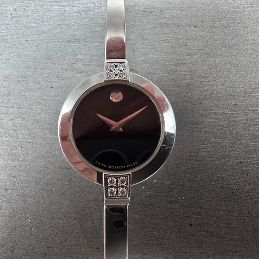 Movado Bela Bangle Watch Women 25mm Black Dial Steel Diamonds 0605855 READ!!!!!!0