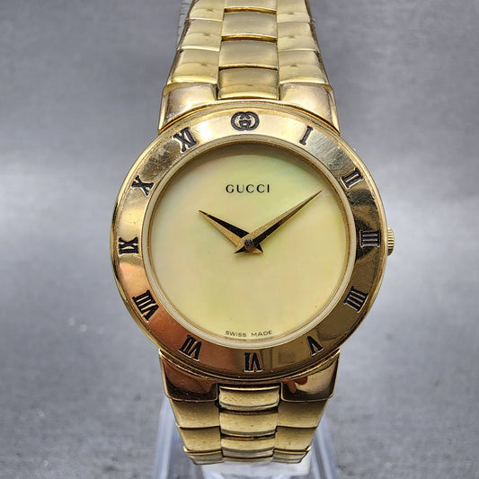 Gucci 3300L Watch Women 26mm MOP Dial Gold Plated Round New Battery Vintage0