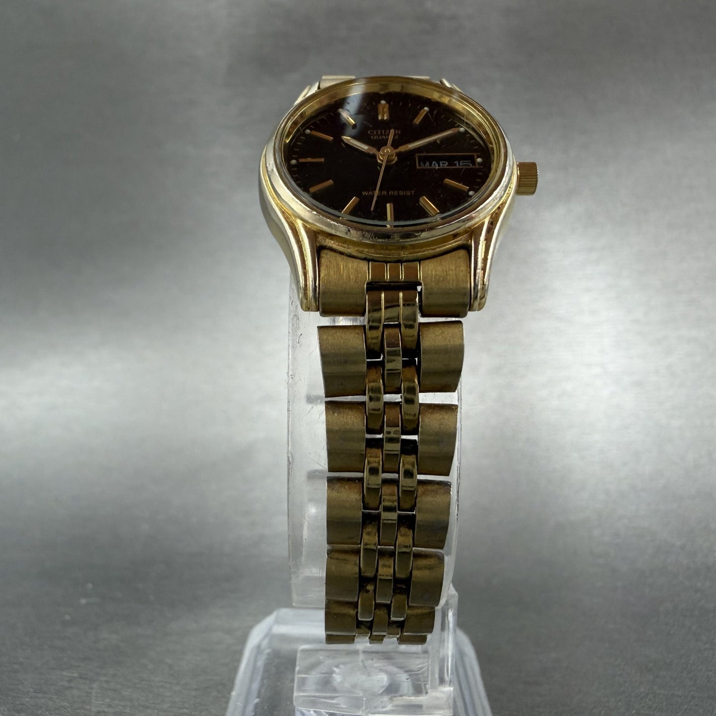 Citizen CQ Watch Women 23mm Black Dial Gold Tone Daydate 6000-S38231 NewBatteryA5